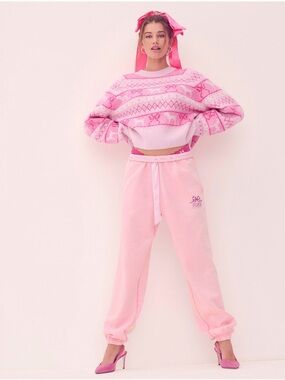 LoveShackFancy Pink Wide-Leg Lounge Joggers with Bow Waist